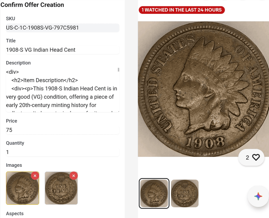 A combined image showing the app confirmation screen on the left and the final eBay listing on the right